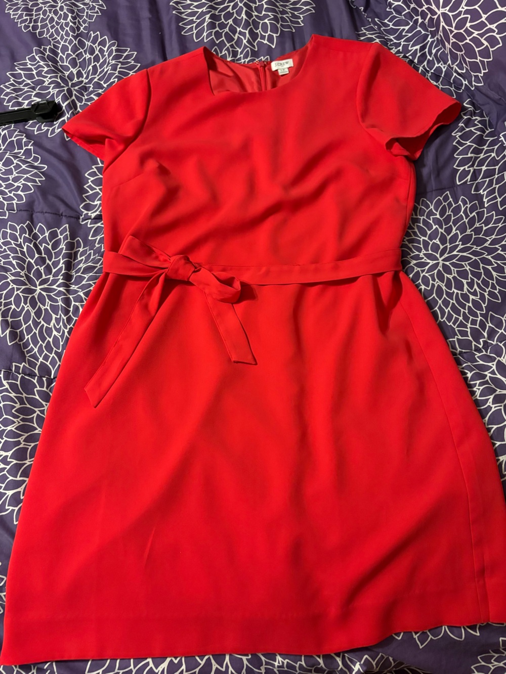 J Crew factory short-sleeve suiting dress with a tie belt. Color is poppy